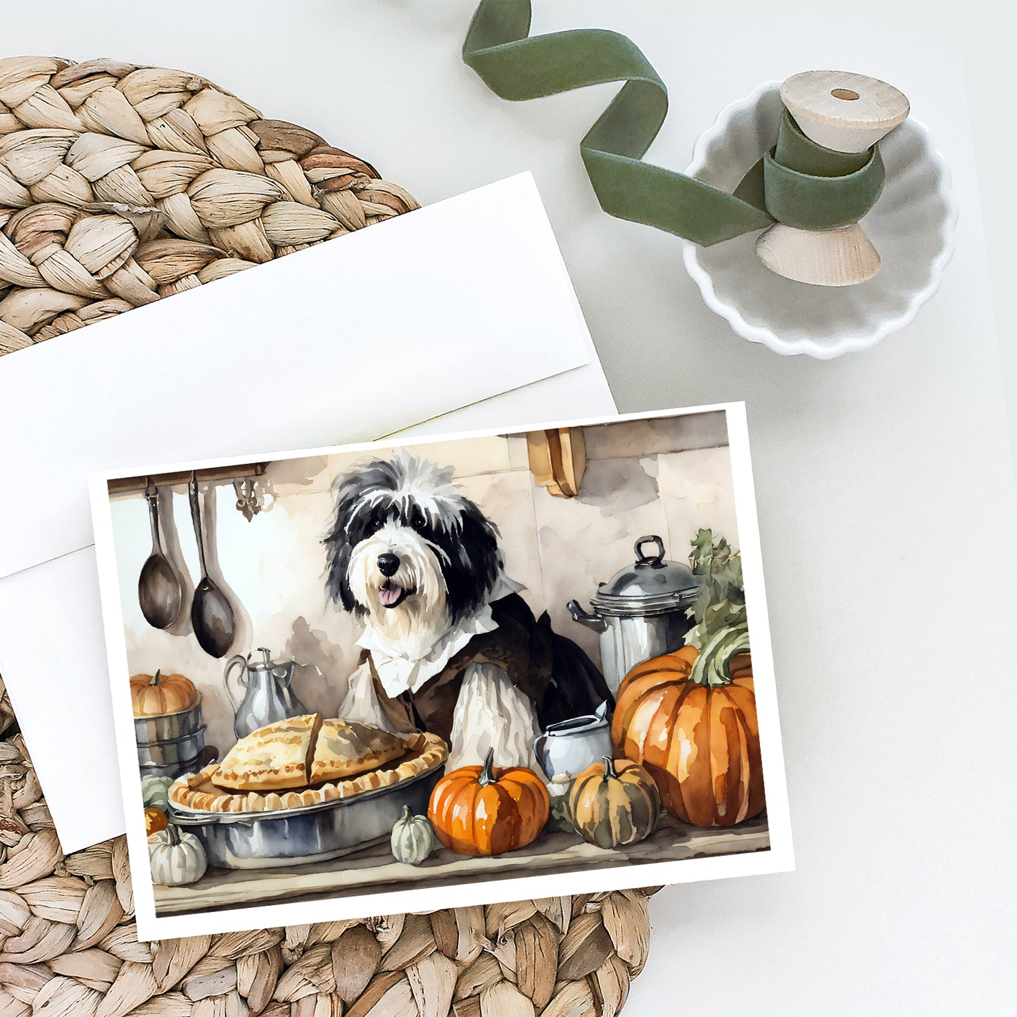Old English Sheepdog Fall Kitchen Pumpkins Greeting Cards Pack of 8
