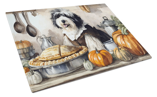 Buy this Old English Sheepdog Fall Kitchen Pumpkins Glass Cutting Board