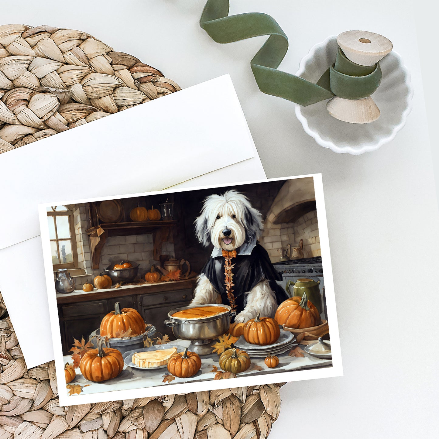 Old English Sheepdog Fall Kitchen Pumpkins Greeting Cards Pack of 8