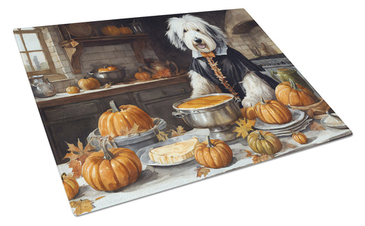 Buy this Old English Sheepdog Fall Kitchen Pumpkins Glass Cutting Board