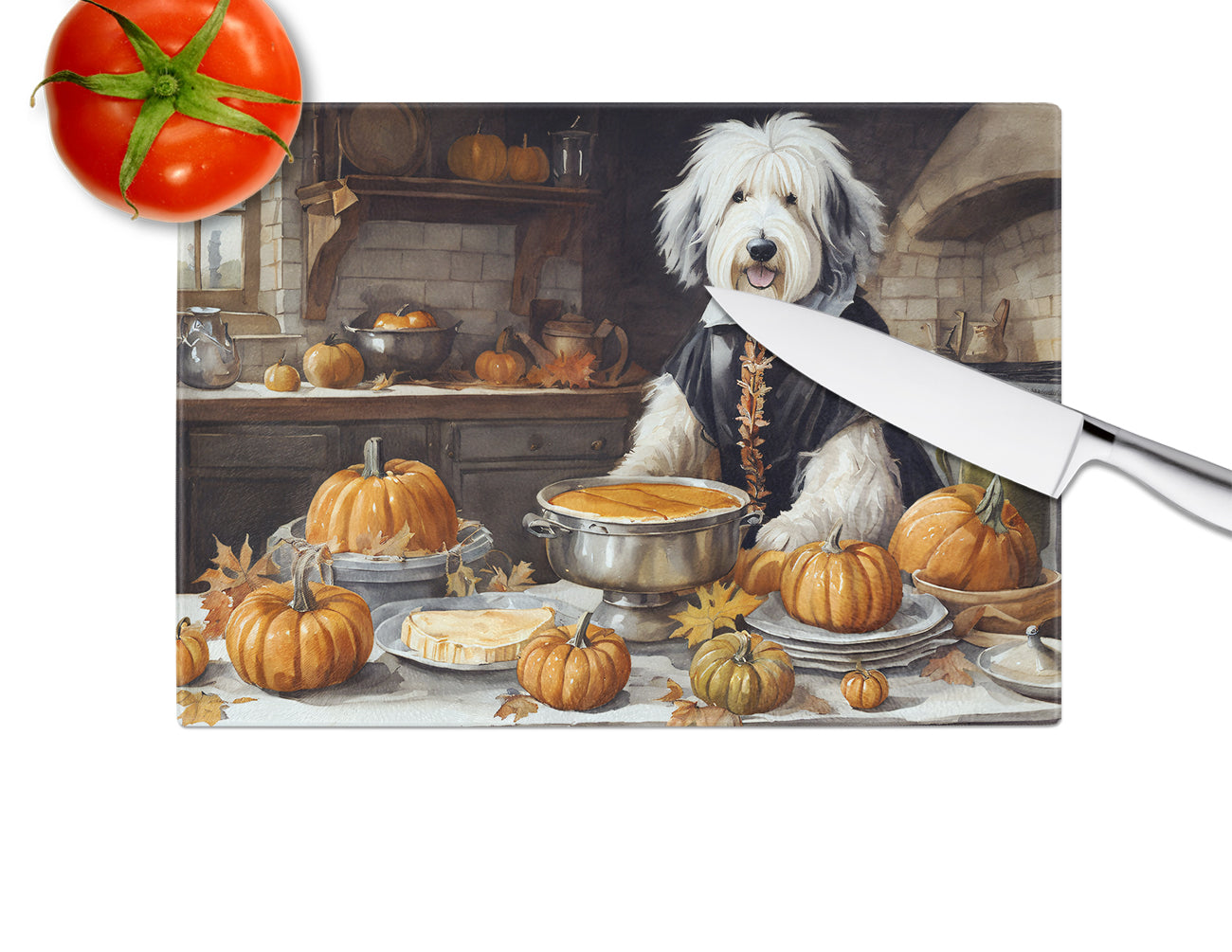 Old English Sheepdog Fall Kitchen Pumpkins Glass Cutting Board