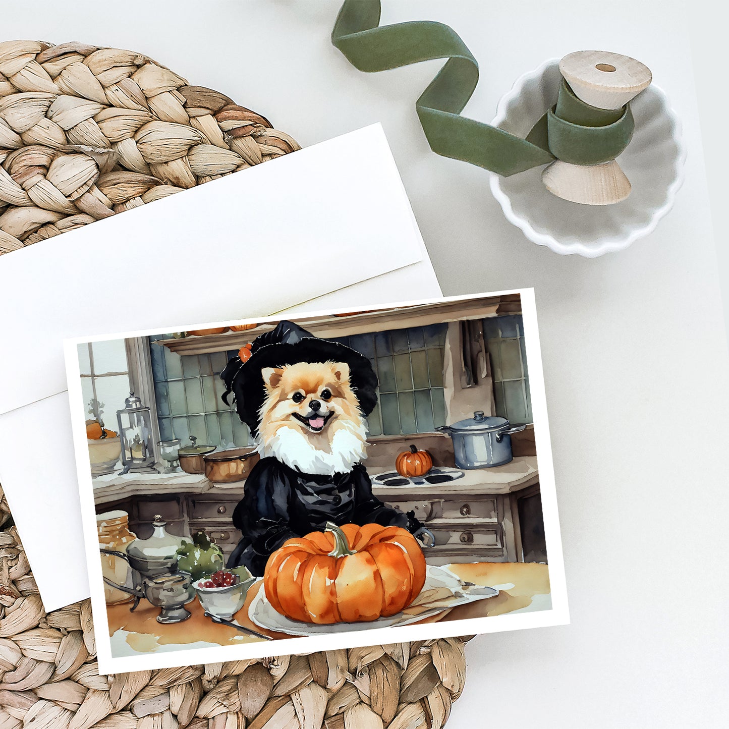 Pomeranian Fall Kitchen Pumpkins Greeting Cards Pack of 8