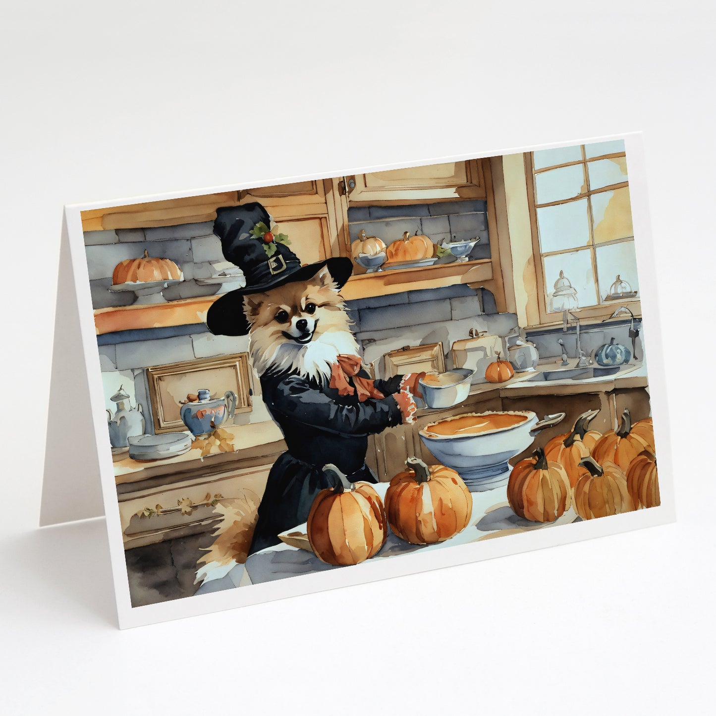 Buy this Pomeranian Fall Kitchen Pumpkins Greeting Cards Pack of 8