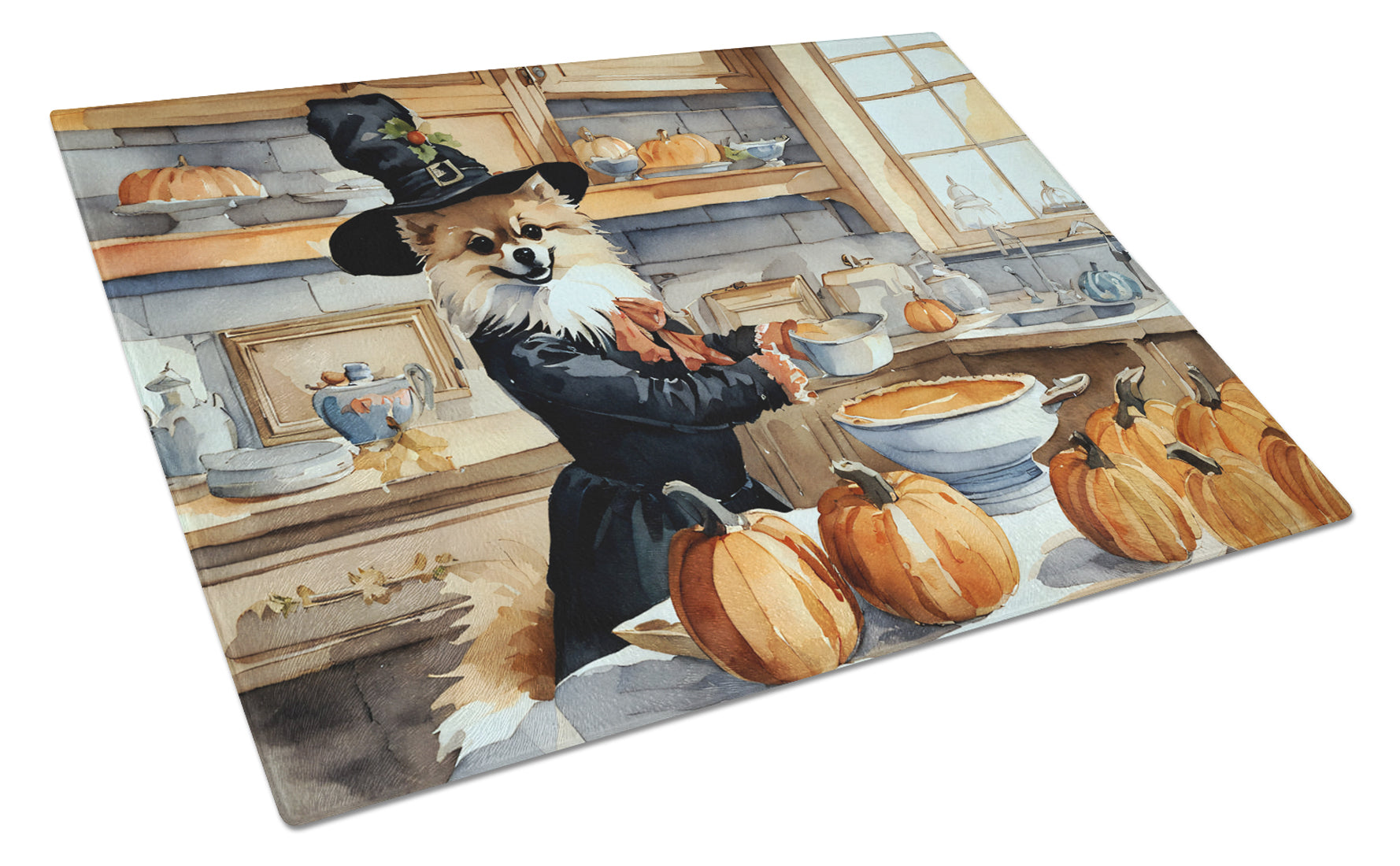 Buy this Pomeranian Fall Kitchen Pumpkins Glass Cutting Board