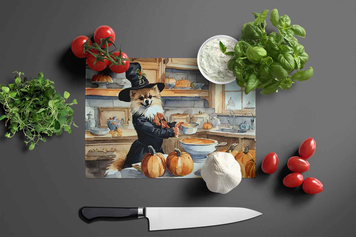 Pomeranian Fall Kitchen Pumpkins Glass Cutting Board