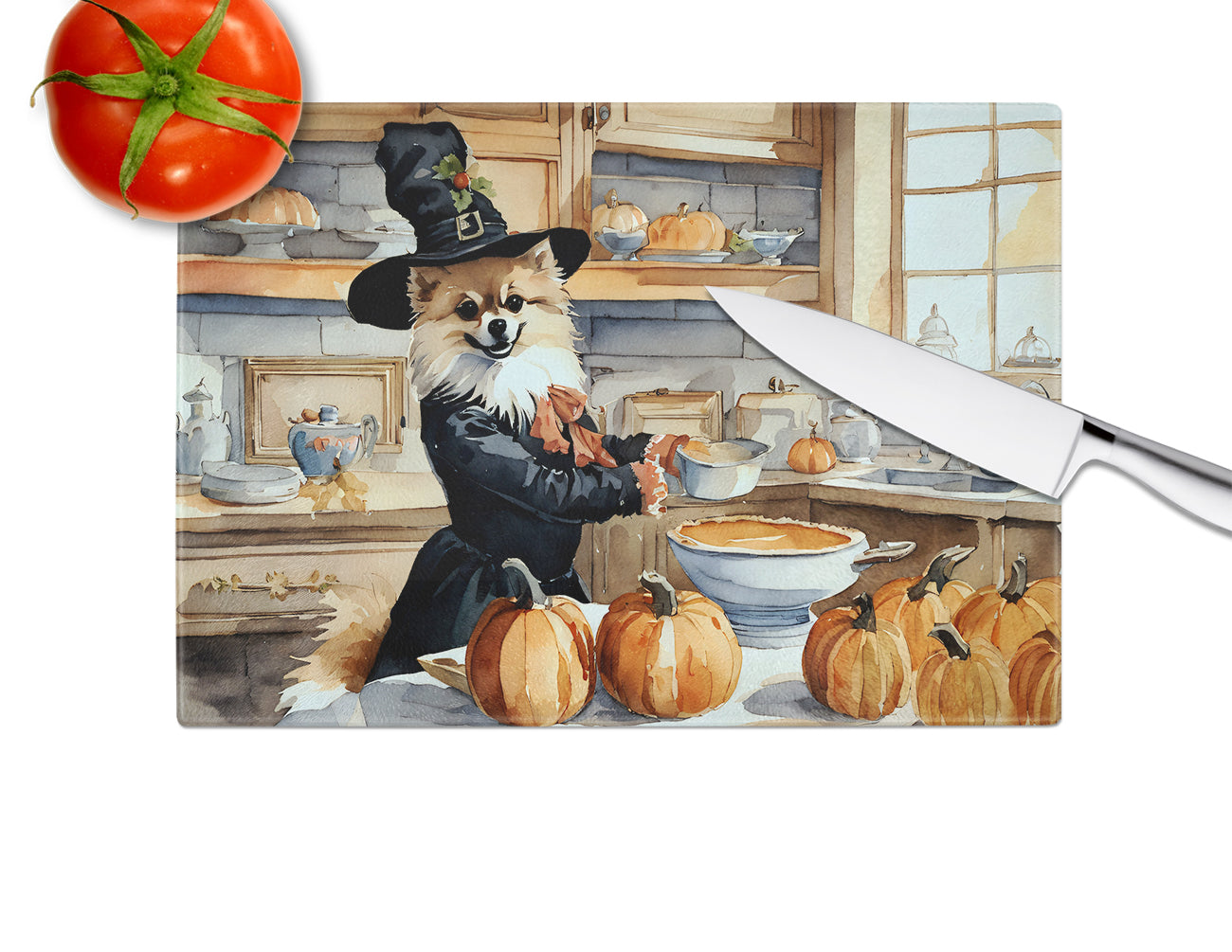 Pomeranian Fall Kitchen Pumpkins Glass Cutting Board