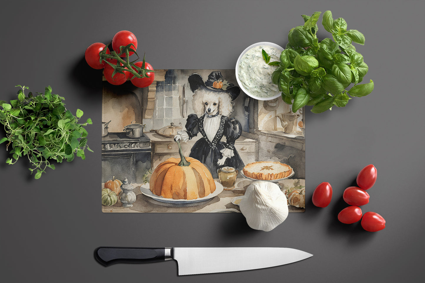 Poodle Fall Kitchen Pumpkins Glass Cutting Board