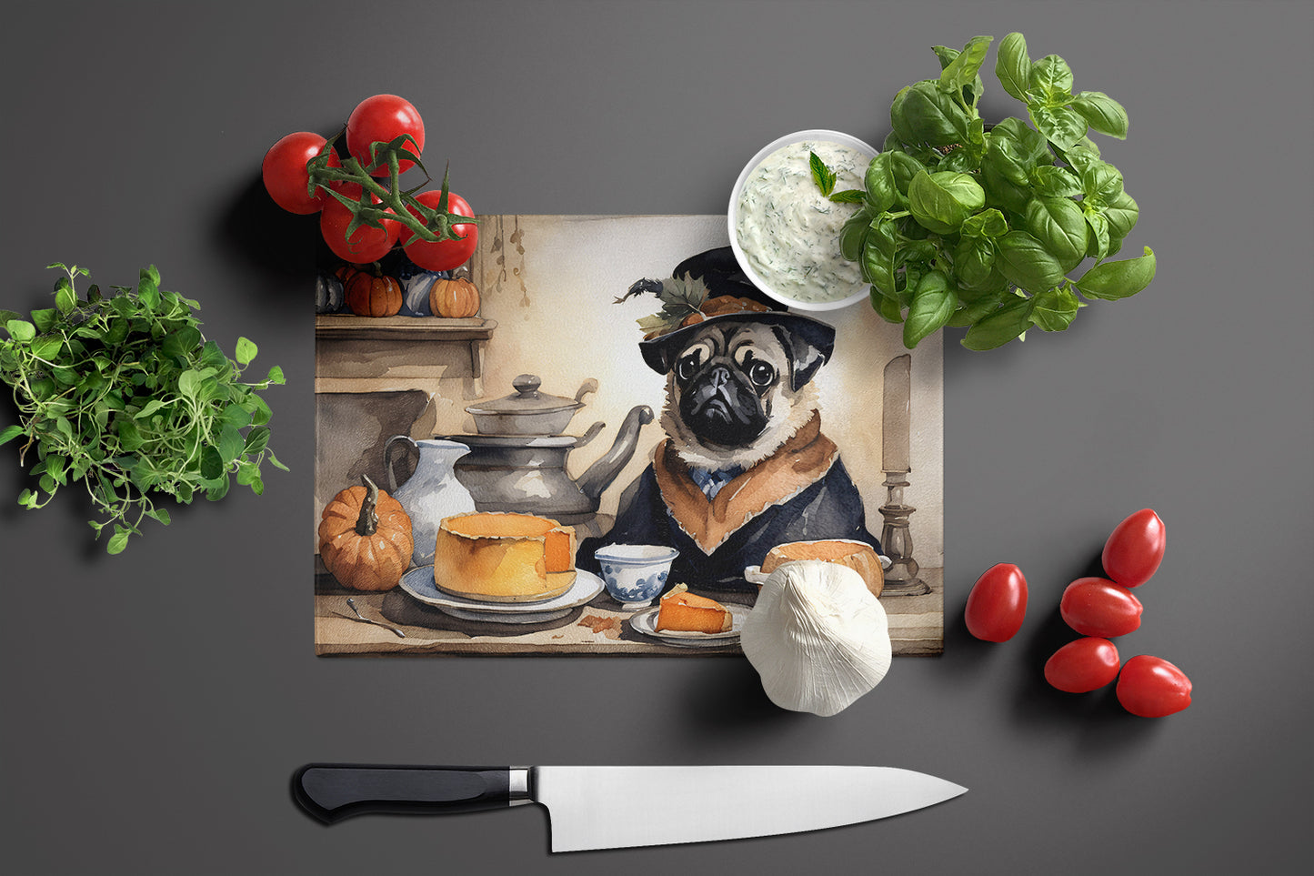 Pug Fall Kitchen Pumpkins Glass Cutting Board