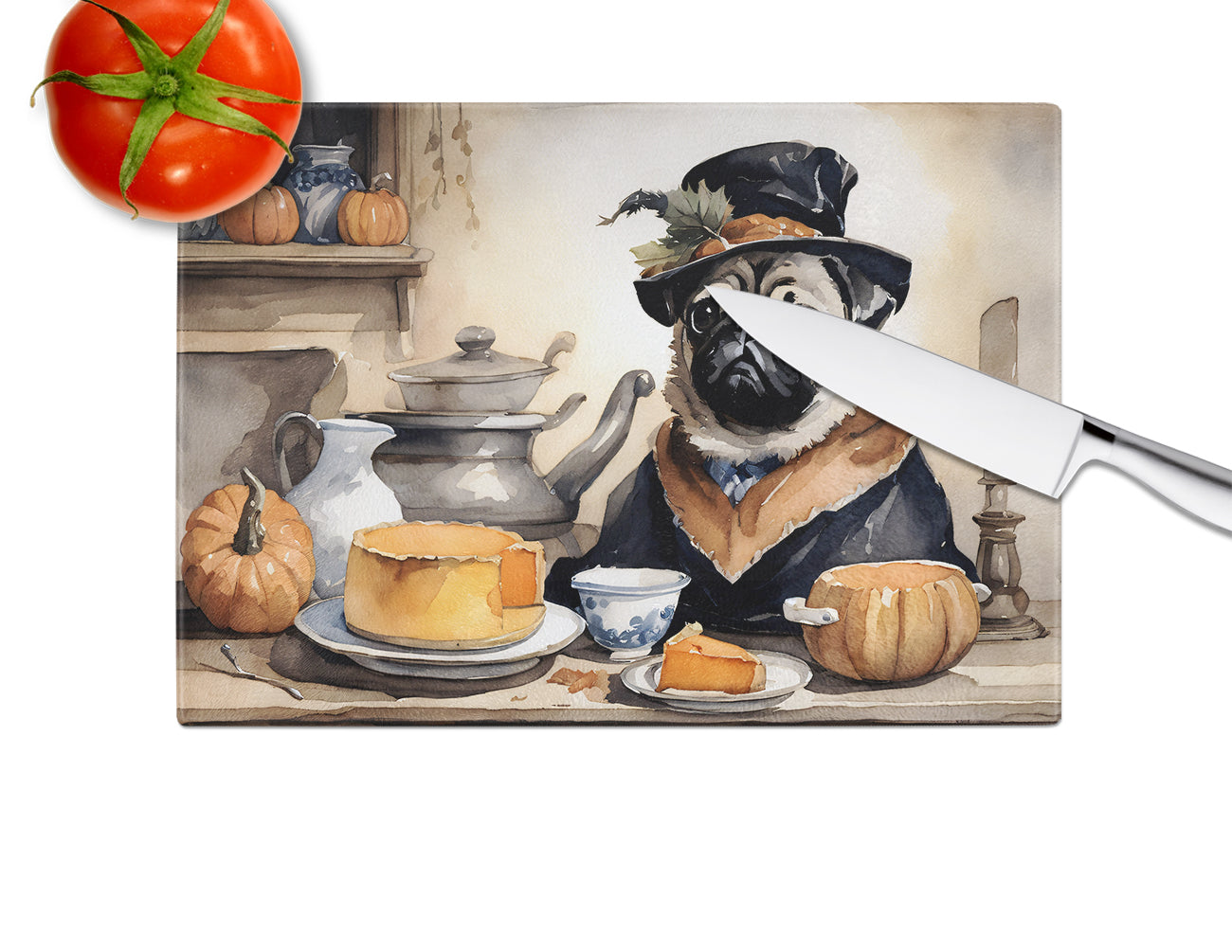 Pug Fall Kitchen Pumpkins Glass Cutting Board