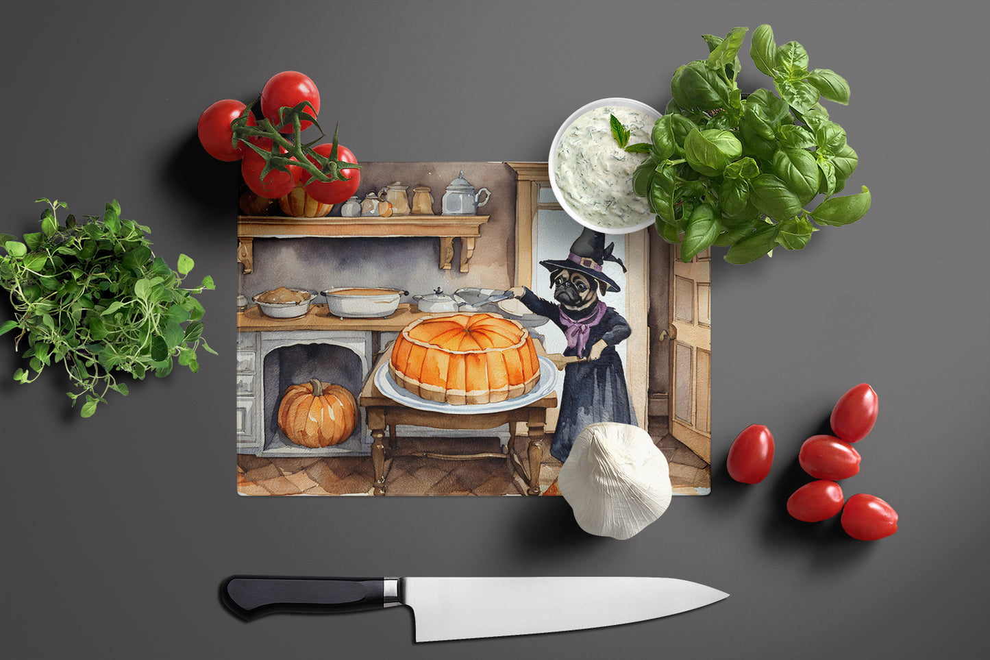 Pug Fall Kitchen Pumpkins Glass Cutting Board