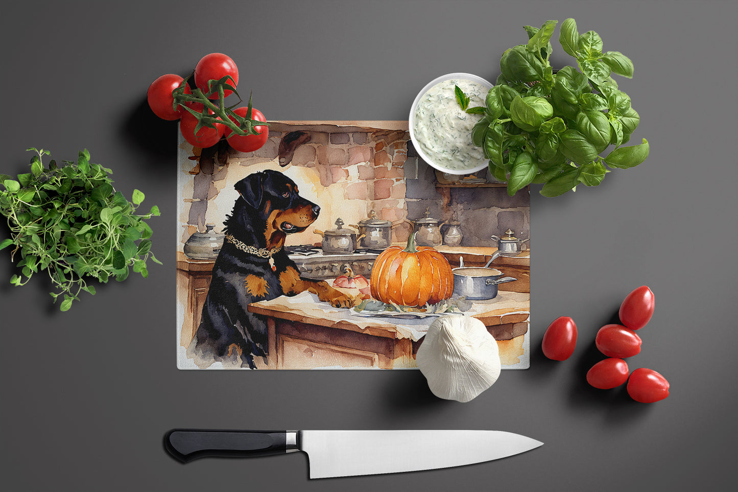 Rottweiler Fall Kitchen Pumpkins Glass Cutting Board