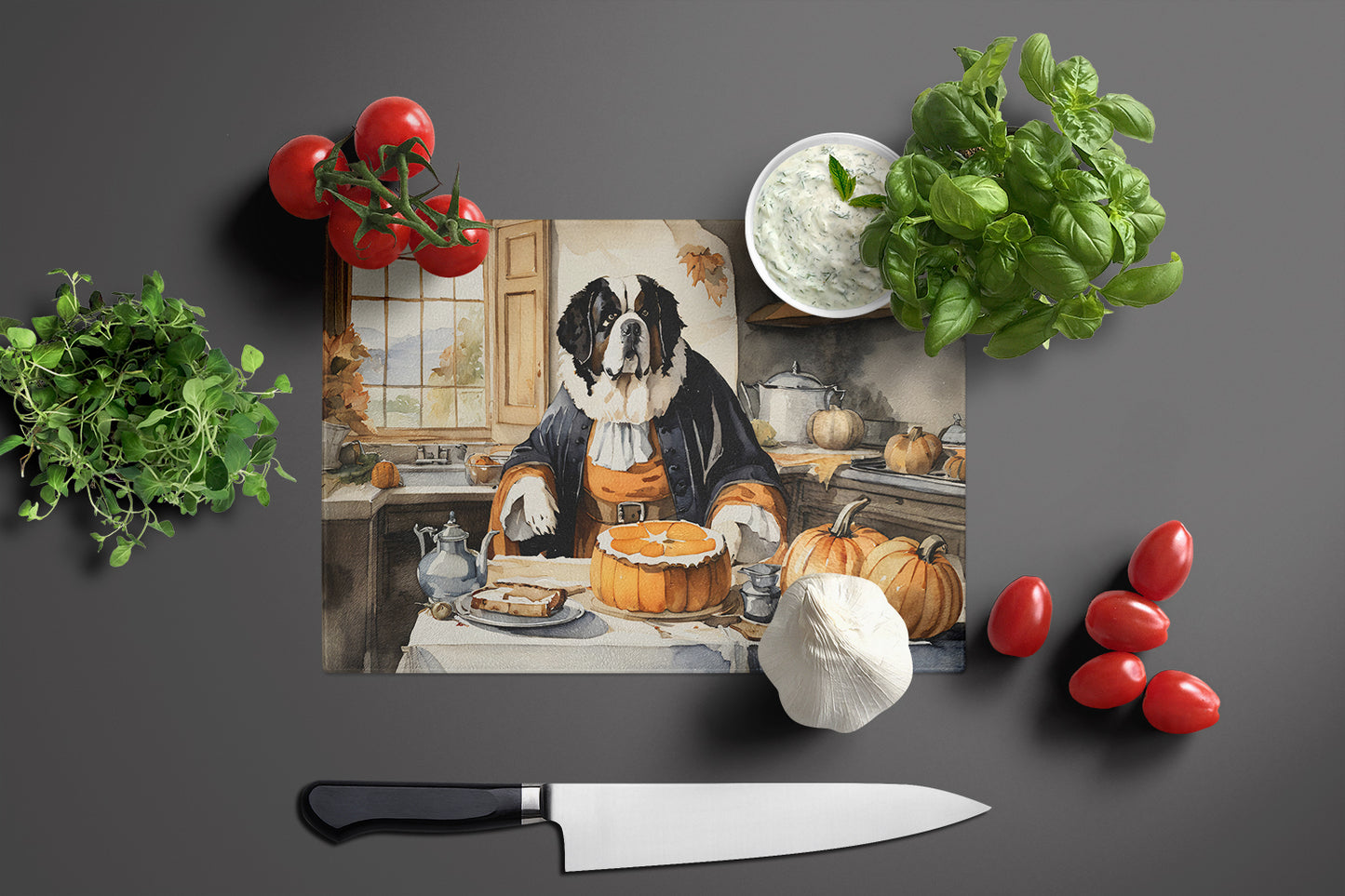 Saint Bernard Fall Kitchen Pumpkins Glass Cutting Board