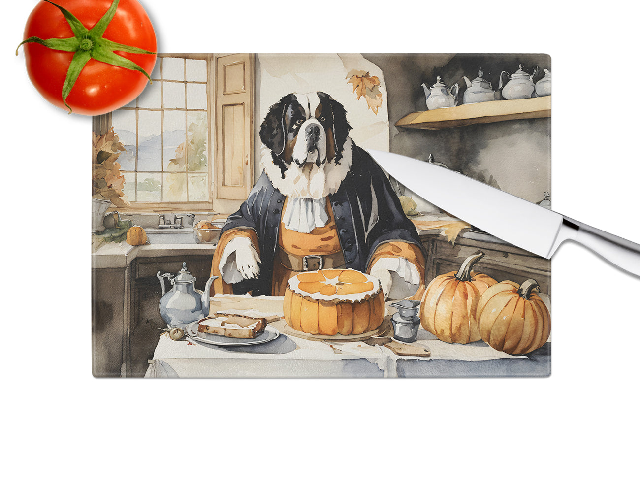 Saint Bernard Fall Kitchen Pumpkins Glass Cutting Board