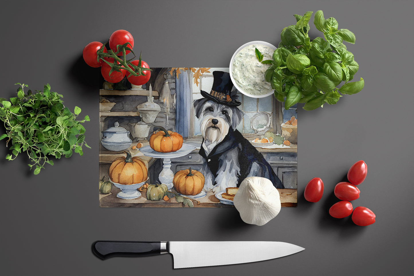 Schnauzer Fall Kitchen Pumpkins Glass Cutting Board