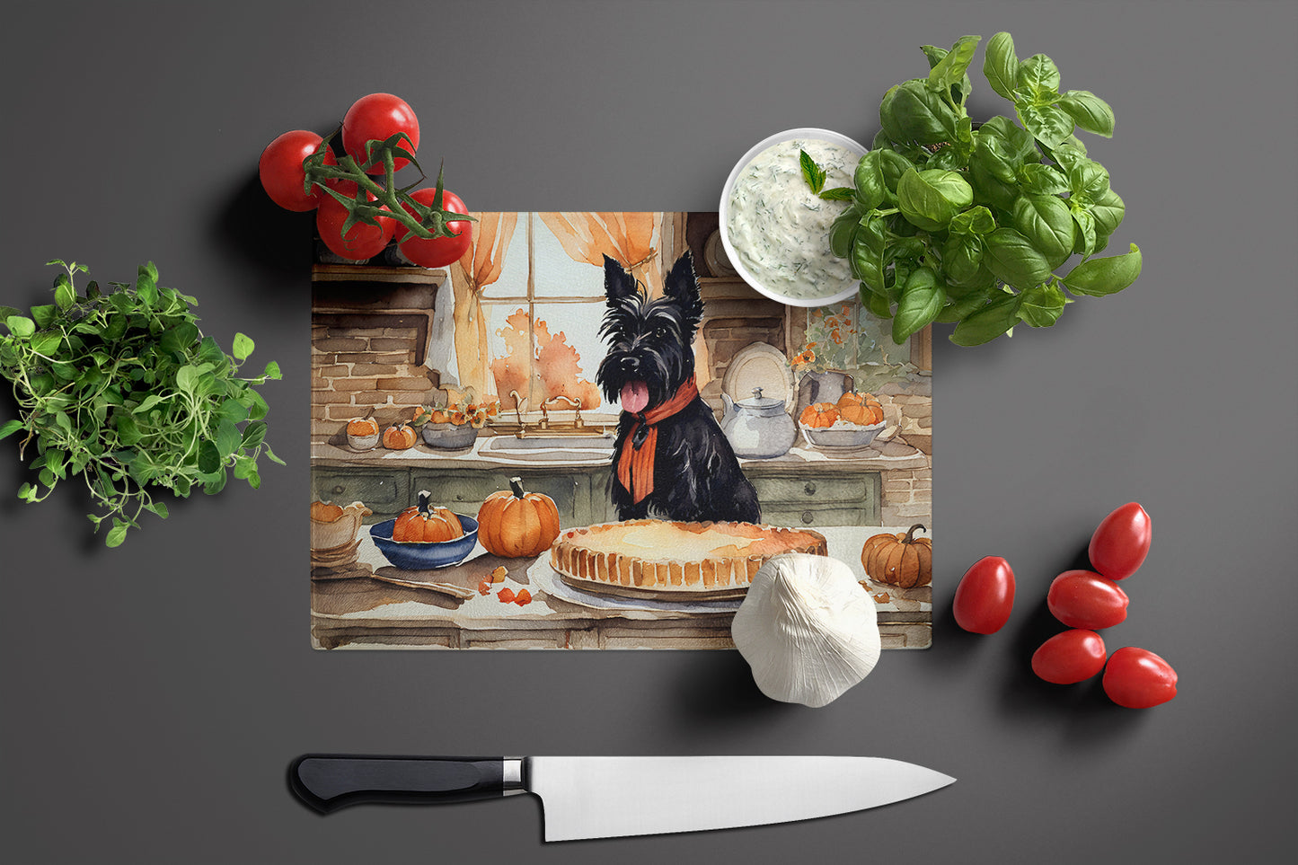 Scottish Terrier Fall Kitchen Pumpkins Glass Cutting Board