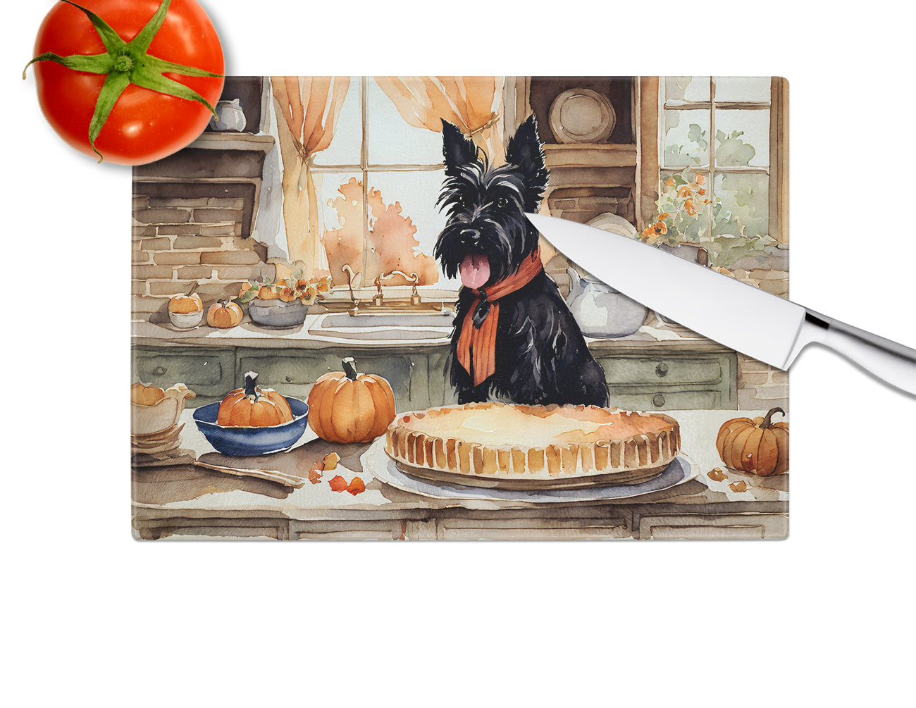 Scottish Terrier Fall Kitchen Pumpkins Glass Cutting Board