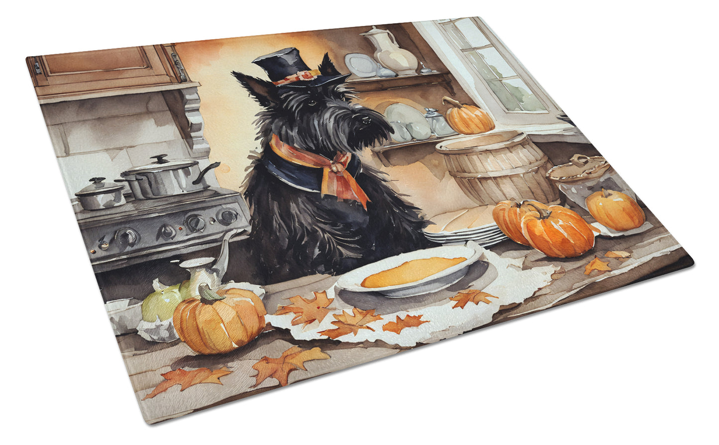 Buy this Scottish Terrier Fall Kitchen Pumpkins Glass Cutting Board