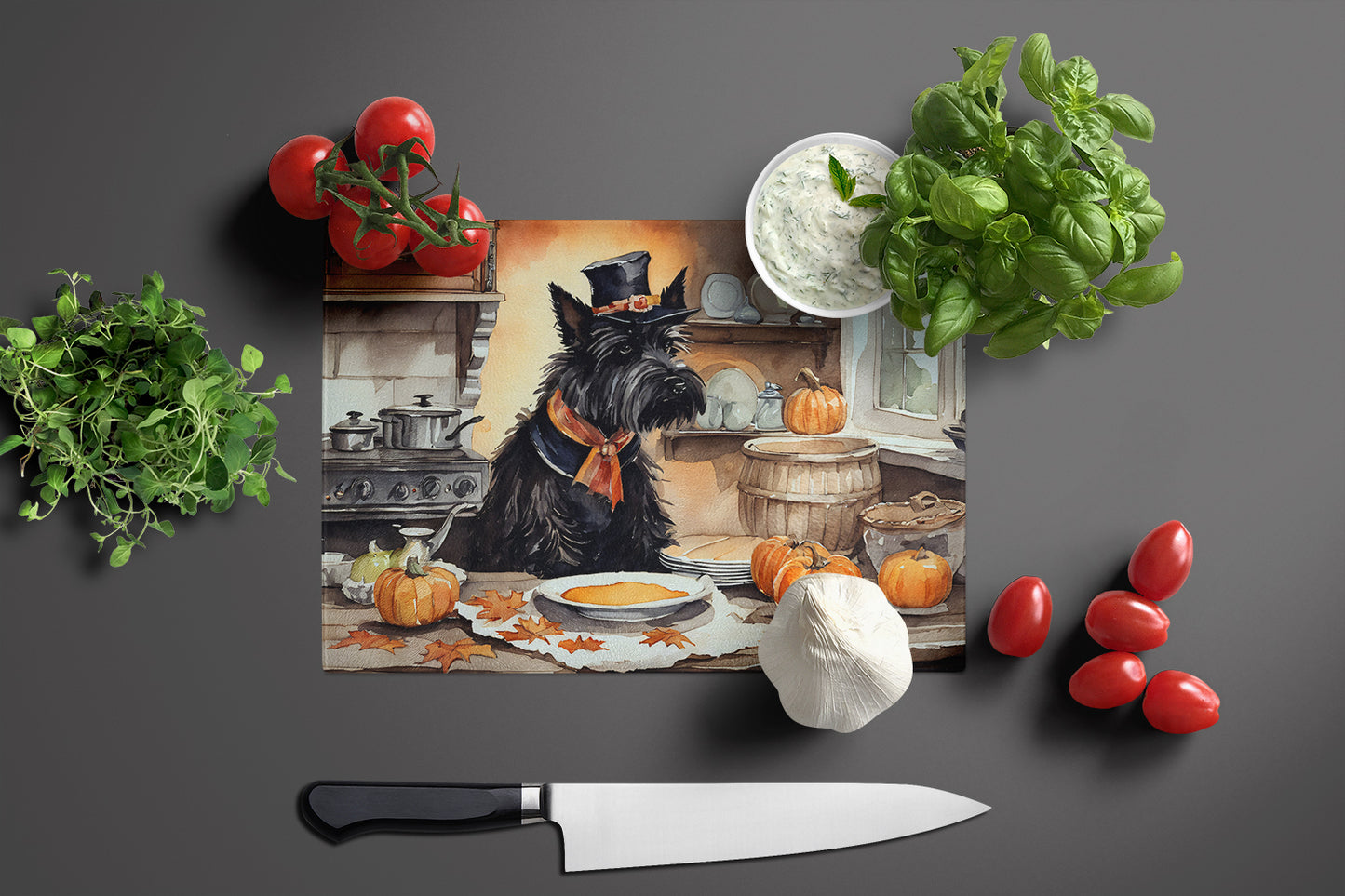 Scottish Terrier Fall Kitchen Pumpkins Glass Cutting Board