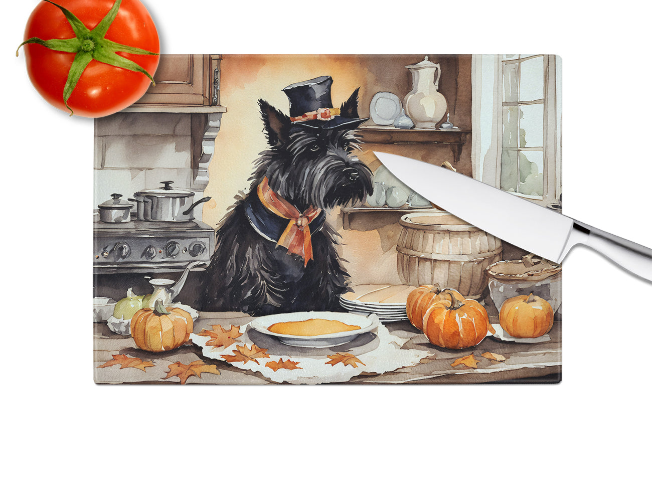 Scottish Terrier Fall Kitchen Pumpkins Glass Cutting Board