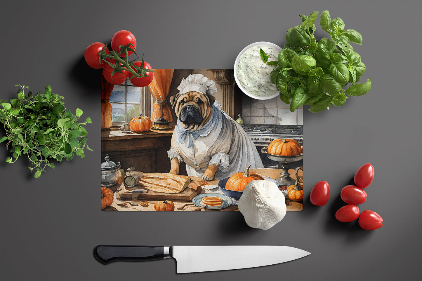 Shar Pei Fall Kitchen Pumpkins Glass Cutting Board