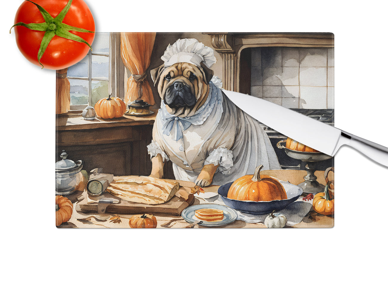 Shar Pei Fall Kitchen Pumpkins Glass Cutting Board