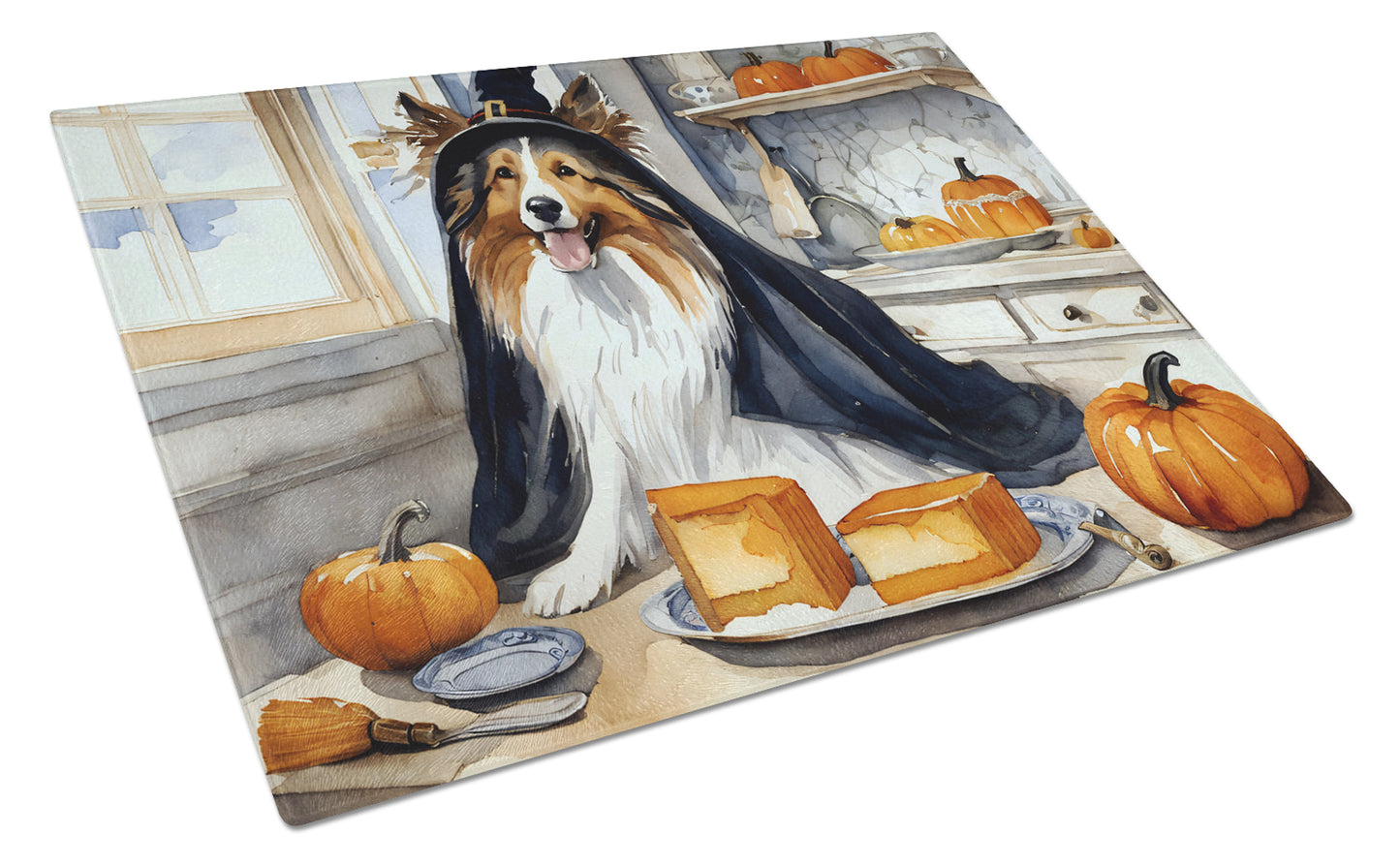 Buy this Sheltie Fall Kitchen Pumpkins Glass Cutting Board