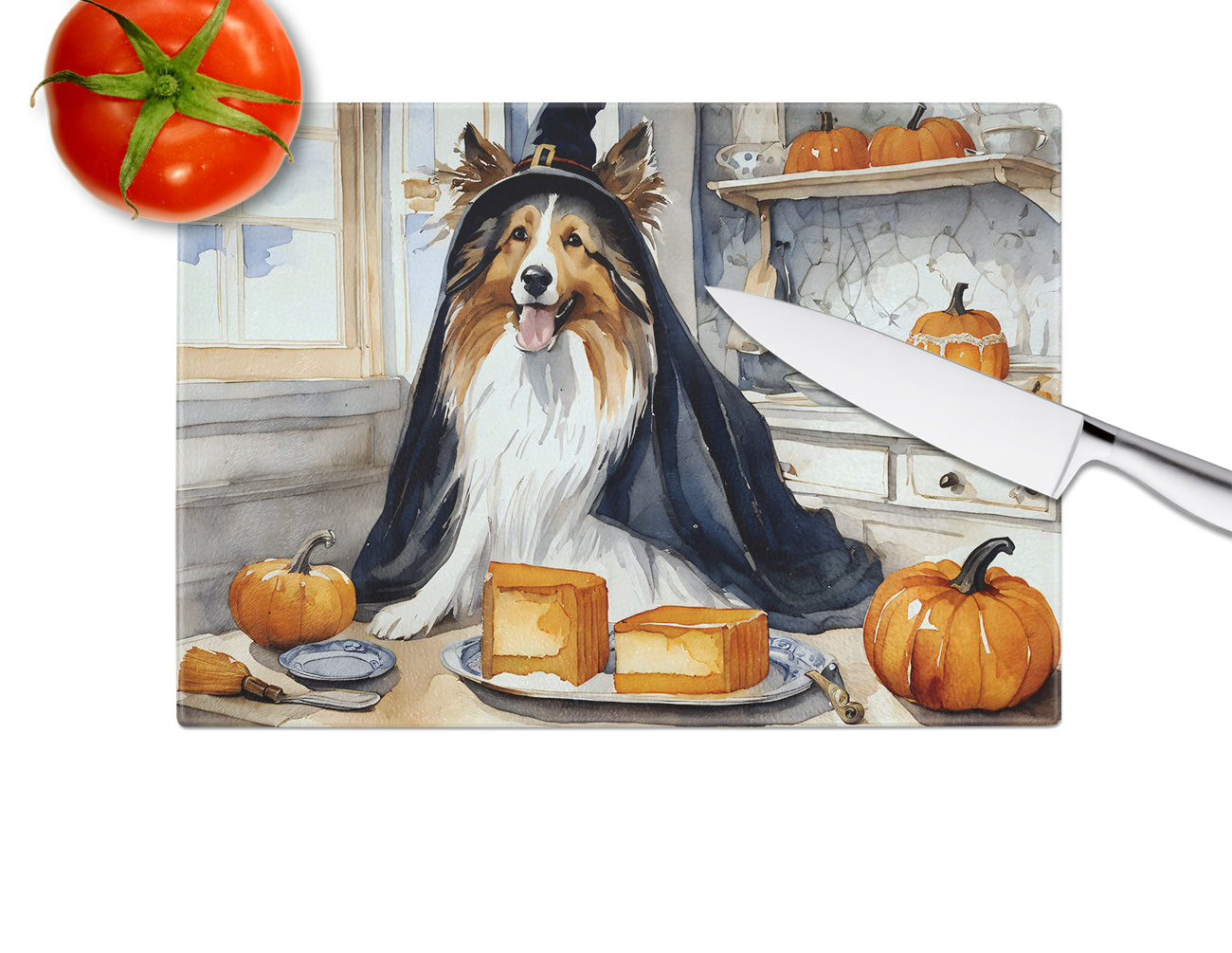 Sheltie Fall Kitchen Pumpkins Glass Cutting Board