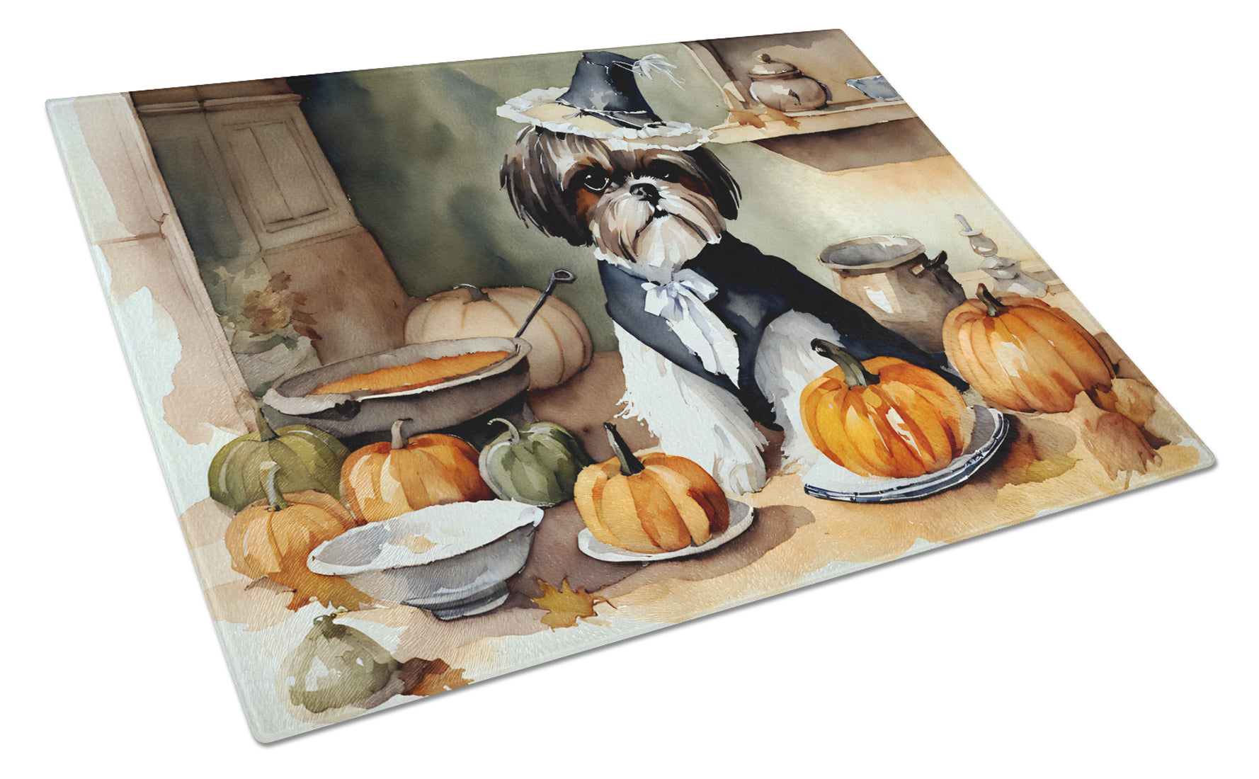 Buy this Shih Tzu Fall Kitchen Pumpkins Glass Cutting Board