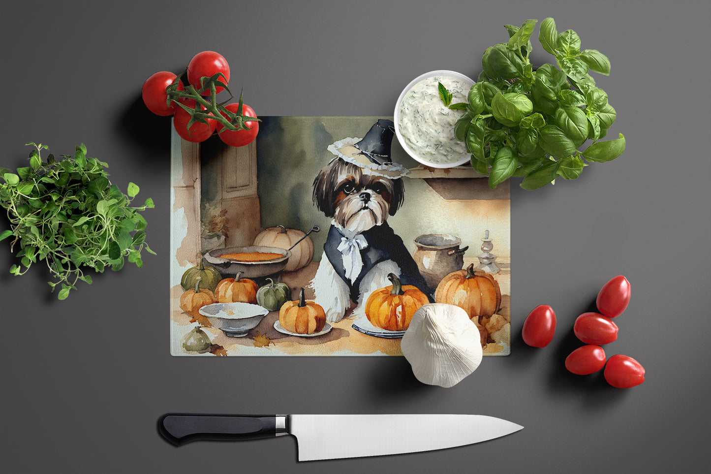 Shih Tzu Fall Kitchen Pumpkins Glass Cutting Board