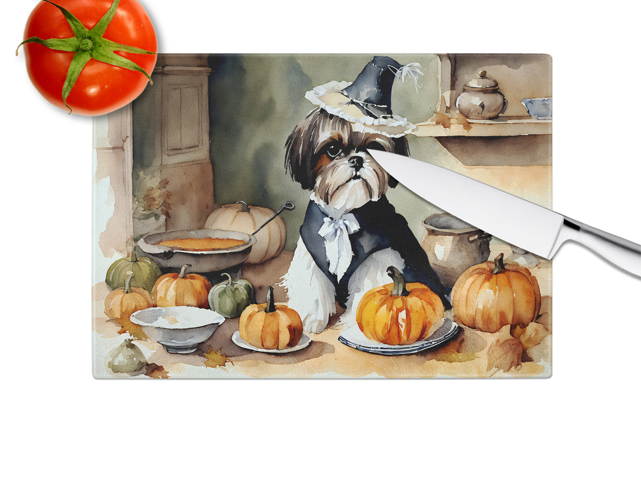 Shih Tzu Fall Kitchen Pumpkins Glass Cutting Board