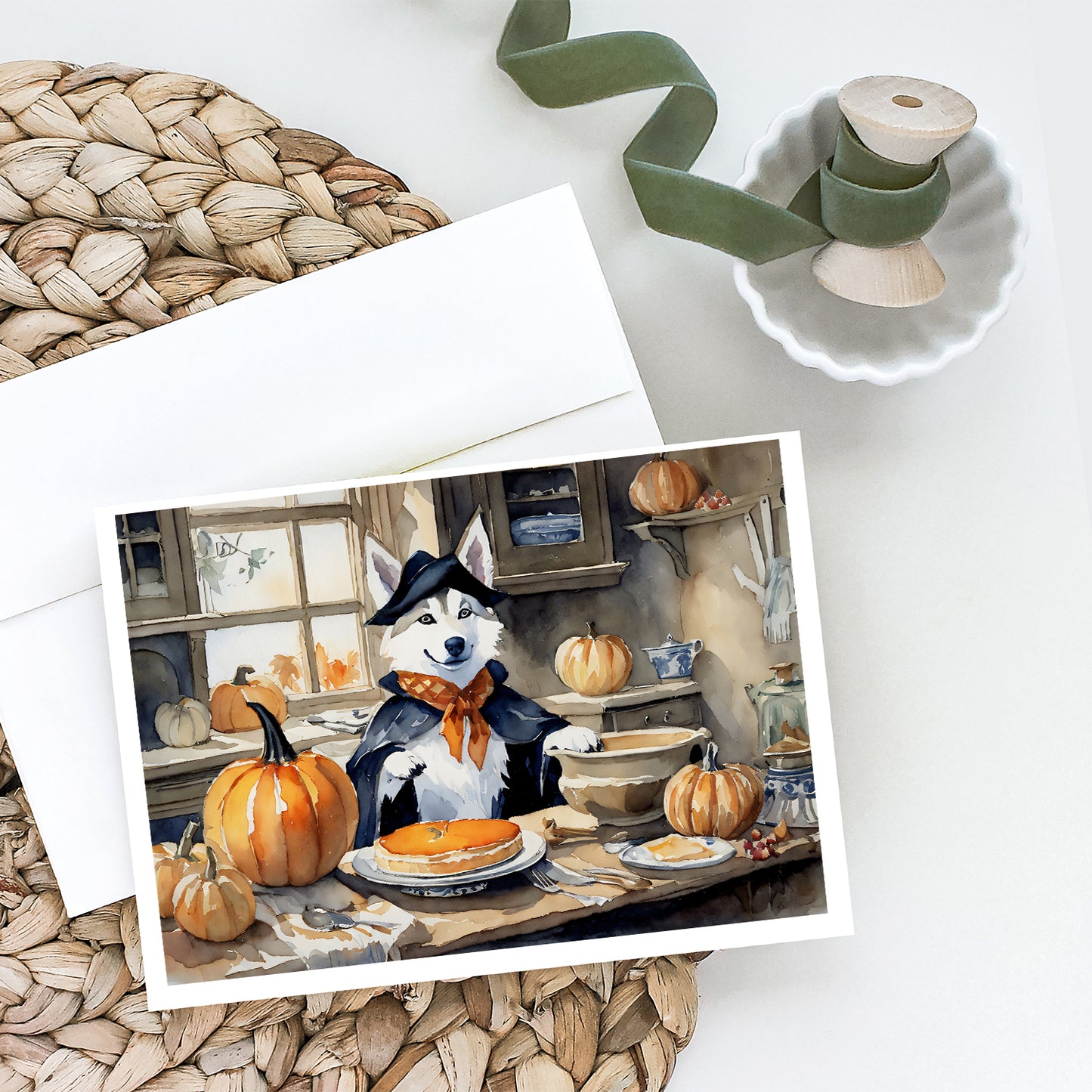 Siberian Husky Fall Kitchen Pumpkins Greeting Cards Pack of 8