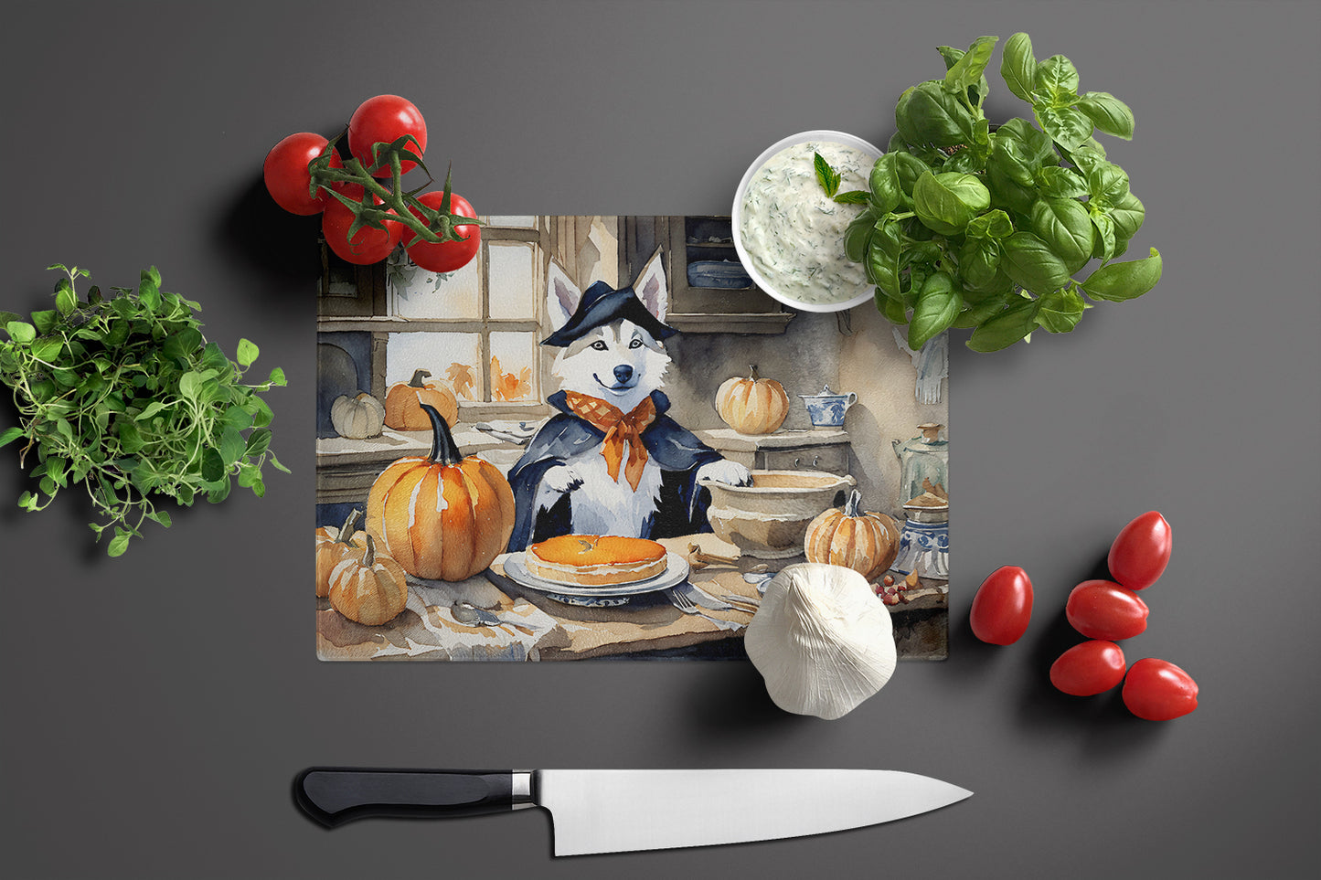 Siberian Husky Fall Kitchen Pumpkins Glass Cutting Board