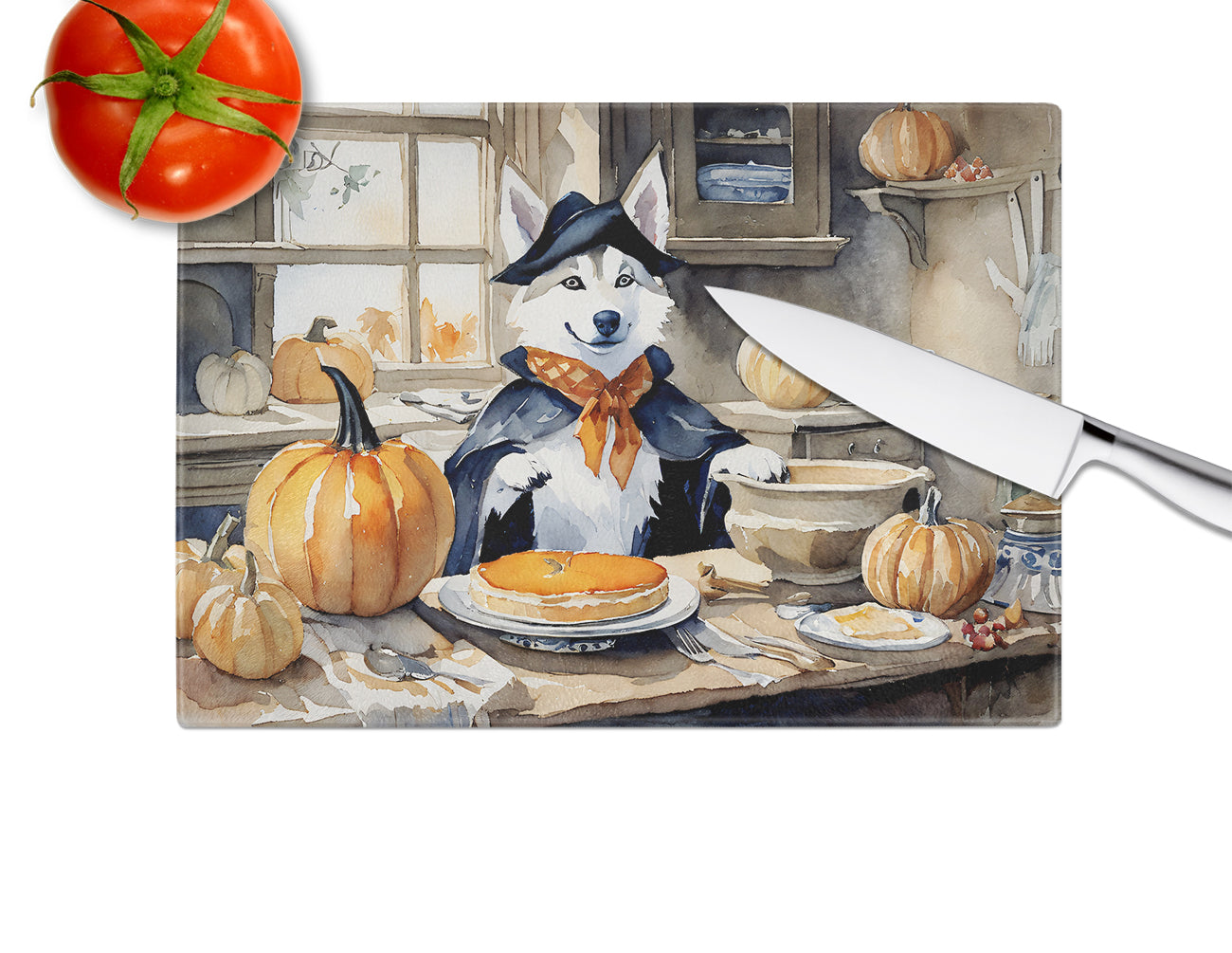 Siberian Husky Fall Kitchen Pumpkins Glass Cutting Board