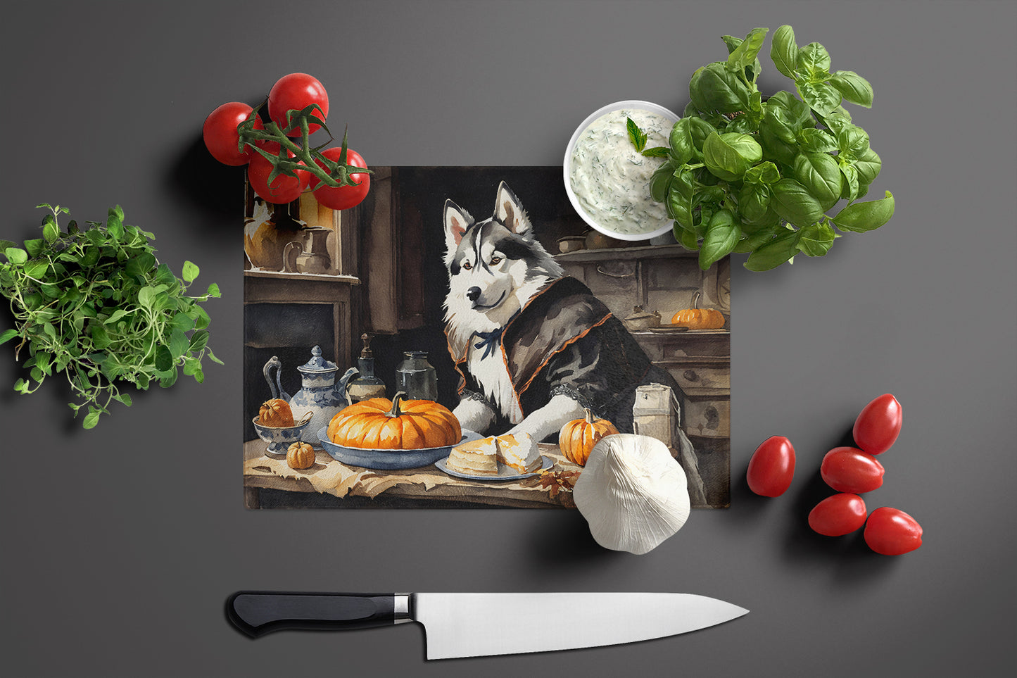 Siberian Husky Fall Kitchen Pumpkins Glass Cutting Board