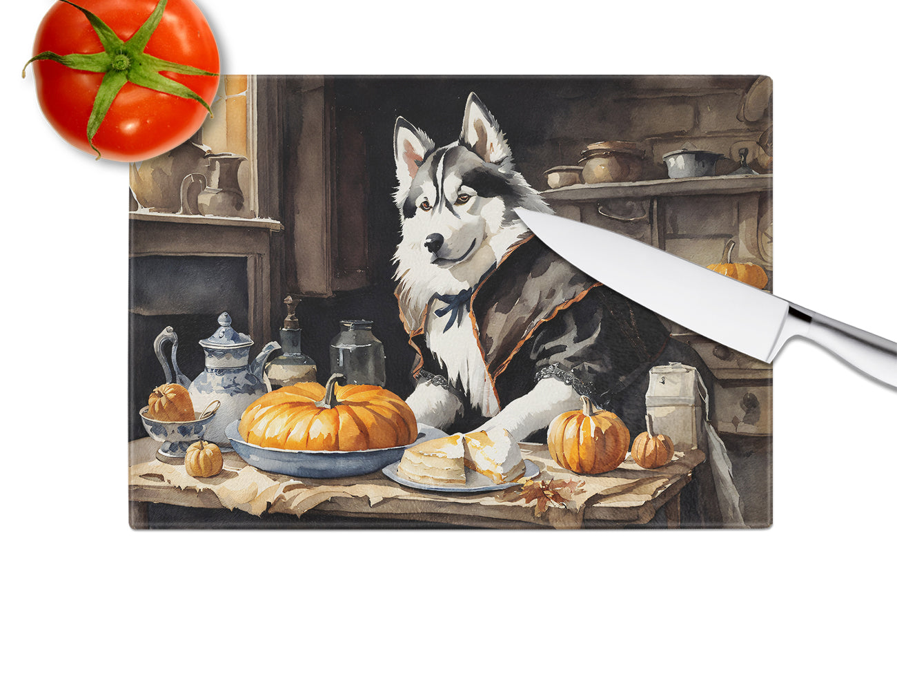 Siberian Husky Fall Kitchen Pumpkins Glass Cutting Board