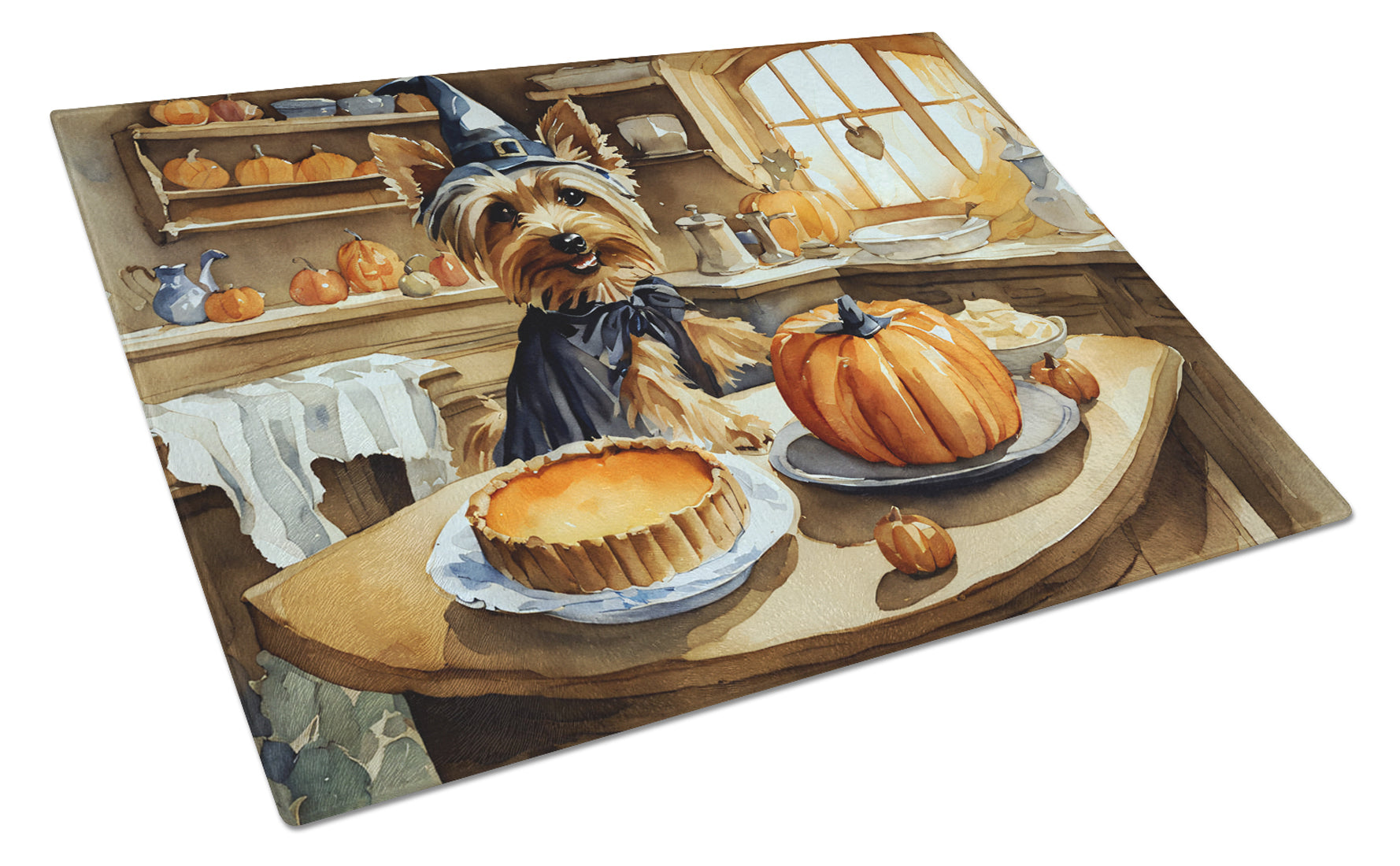 Buy this Silky Terrier Fall Kitchen Pumpkins Glass Cutting Board