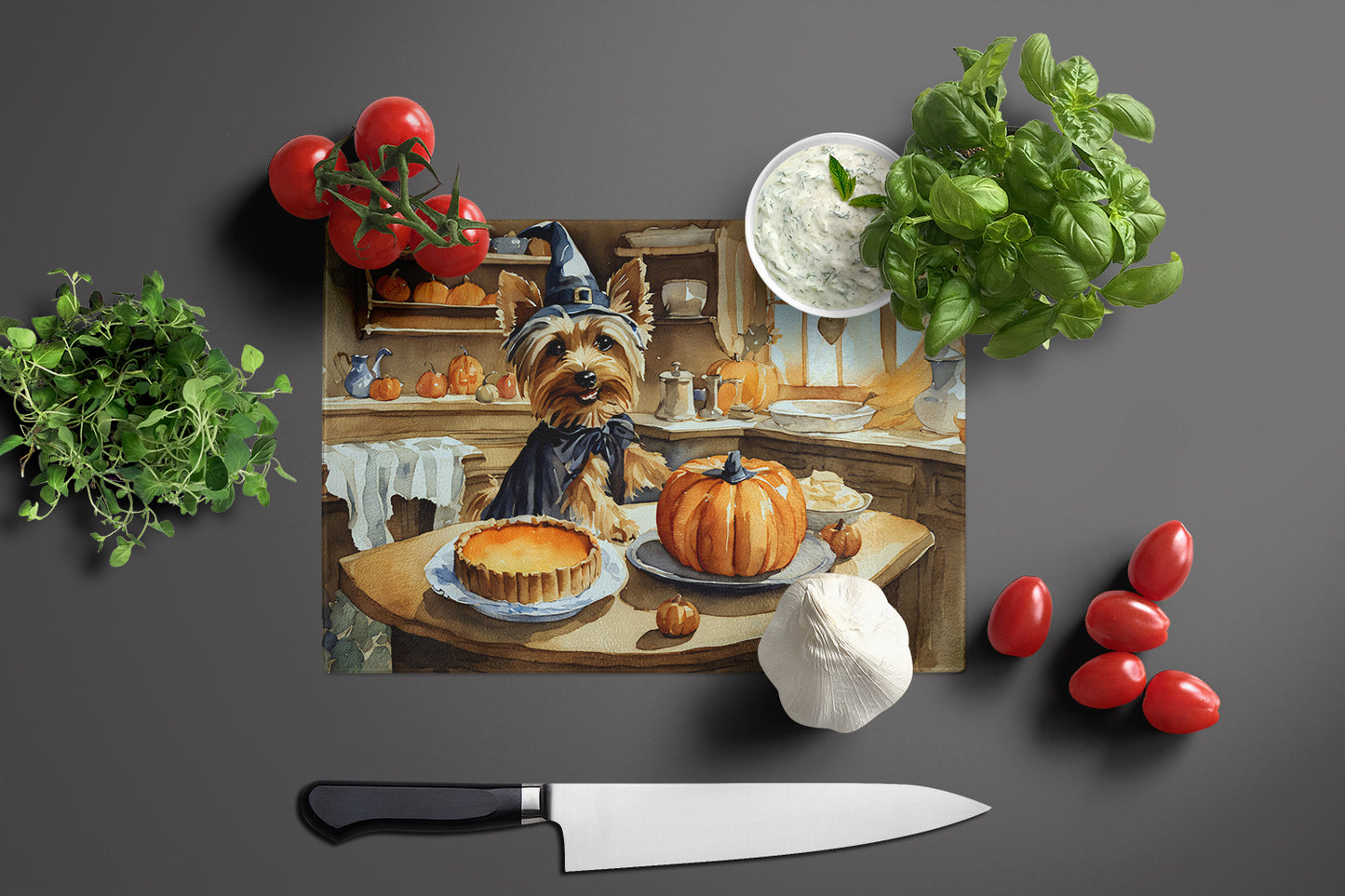 Silky Terrier Fall Kitchen Pumpkins Glass Cutting Board