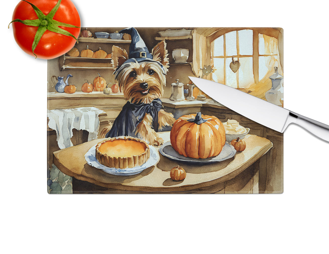 Silky Terrier Fall Kitchen Pumpkins Glass Cutting Board