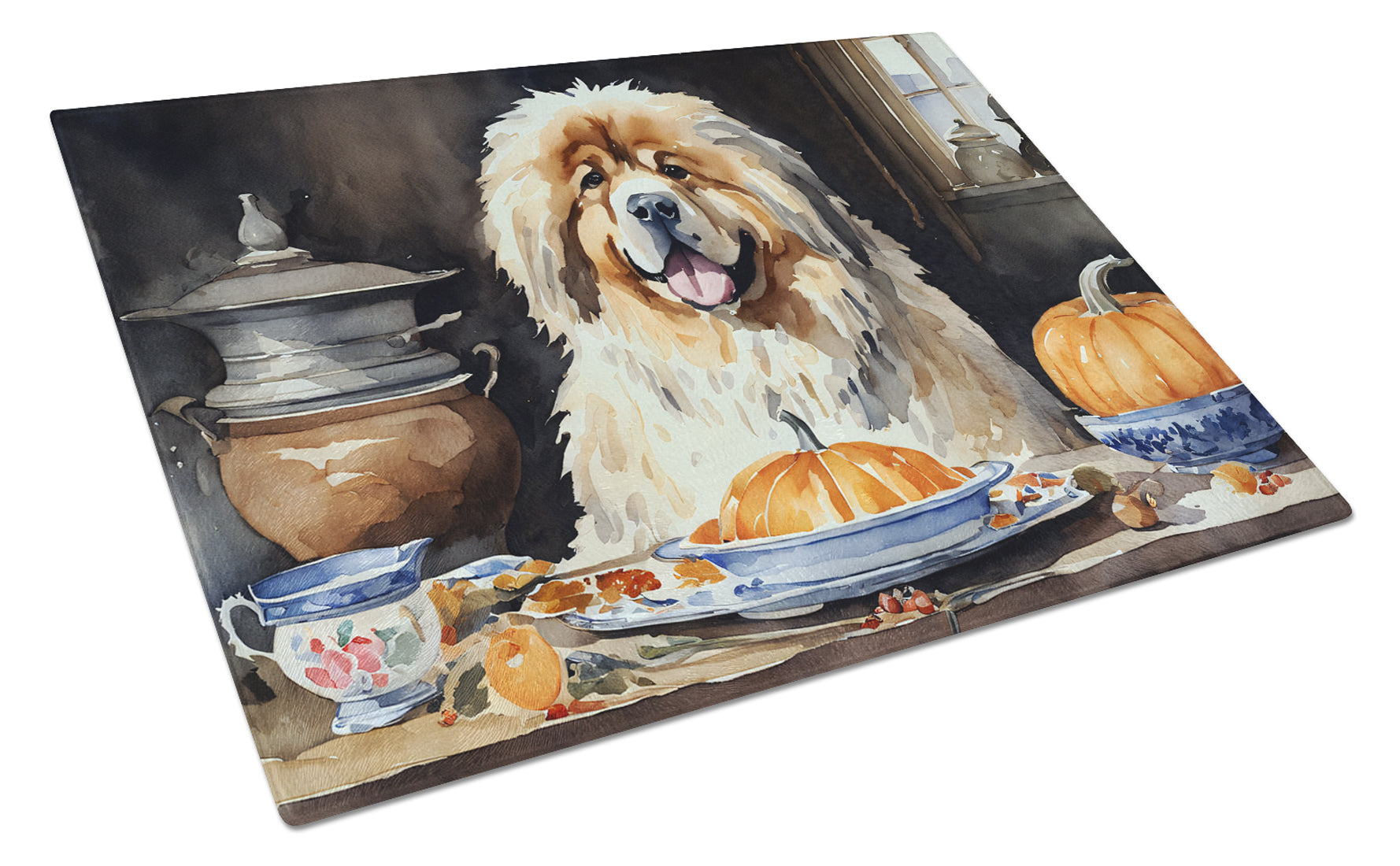 Buy this Tibetan Mastiff Fall Kitchen Pumpkins Glass Cutting Board