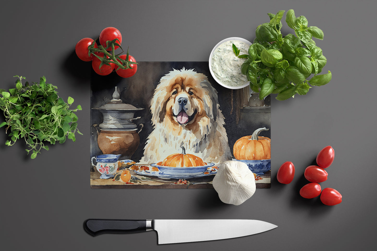 Tibetan Mastiff Fall Kitchen Pumpkins Glass Cutting Board