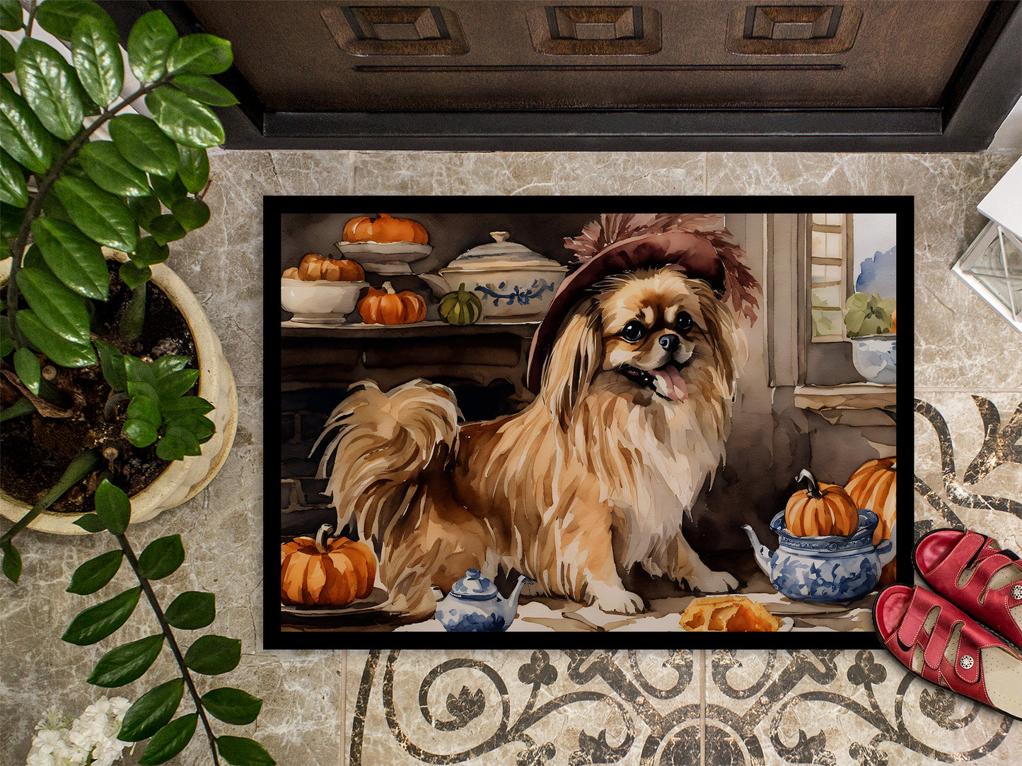 Tibetan Spaniel Fall Kitchen Pumpkins Doormat