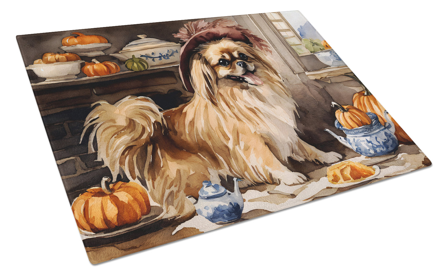 Buy this Tibetan Spaniel Fall Kitchen Pumpkins Glass Cutting Board