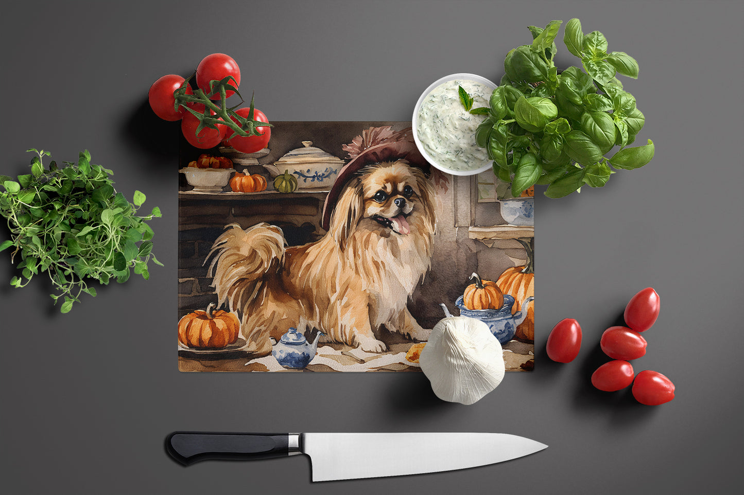 Tibetan Spaniel Fall Kitchen Pumpkins Glass Cutting Board