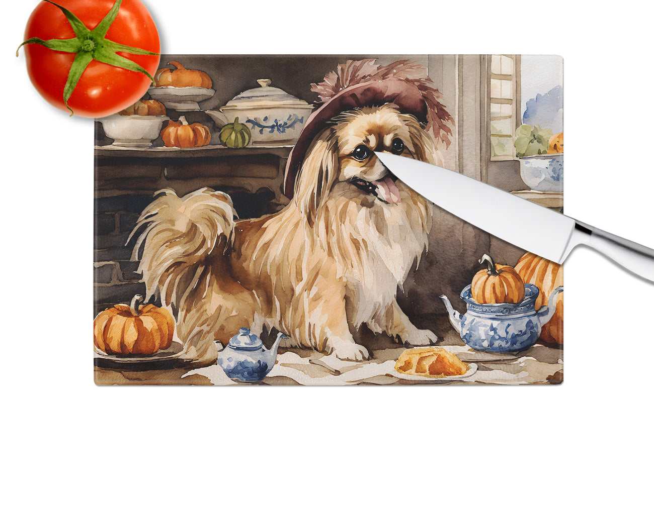 Tibetan Spaniel Fall Kitchen Pumpkins Glass Cutting Board