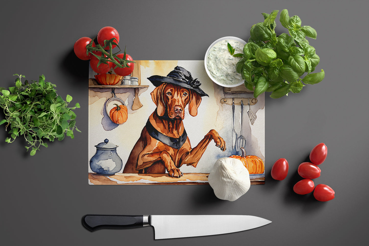 Vizsla Fall Kitchen Pumpkins Glass Cutting Board