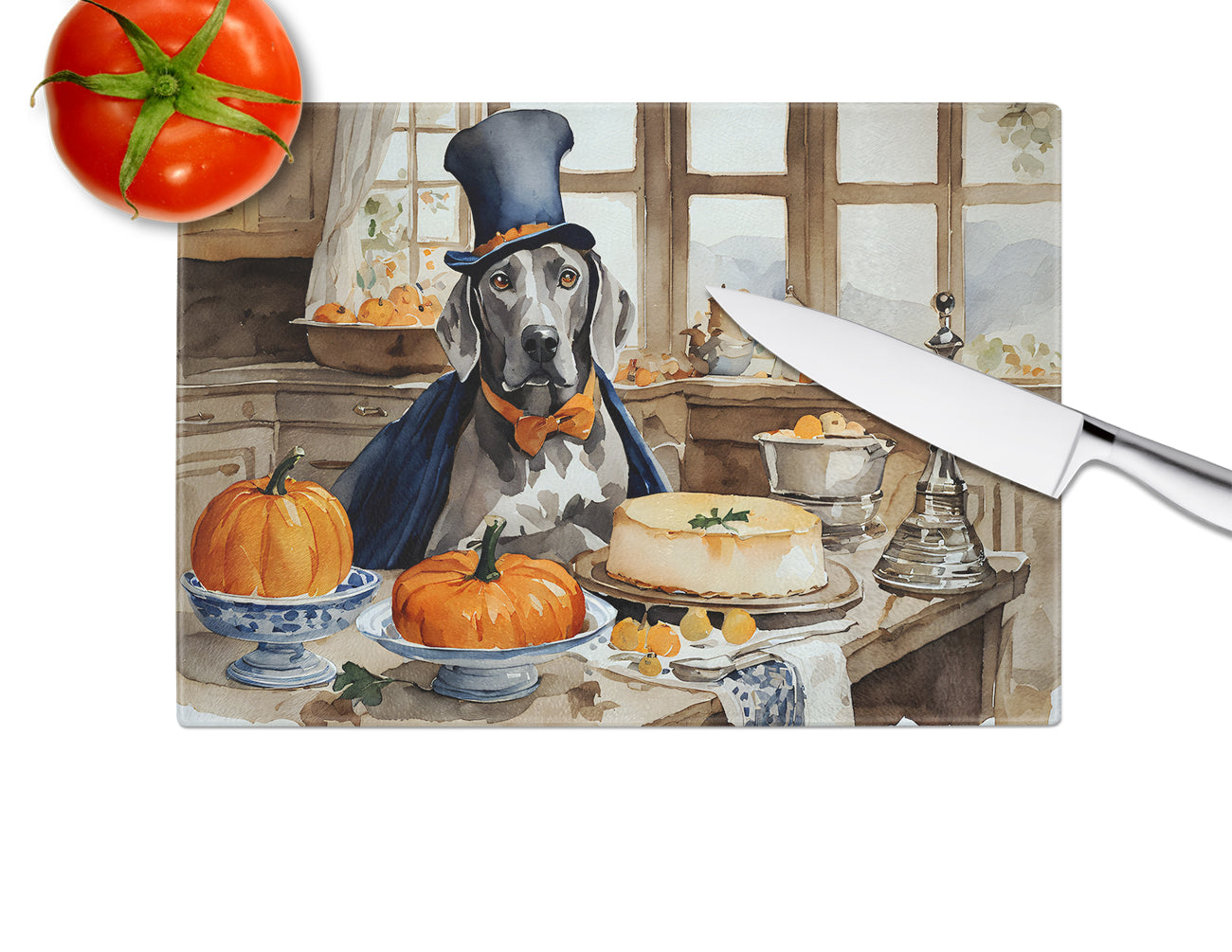 Weimaraner Fall Kitchen Pumpkins Glass Cutting Board