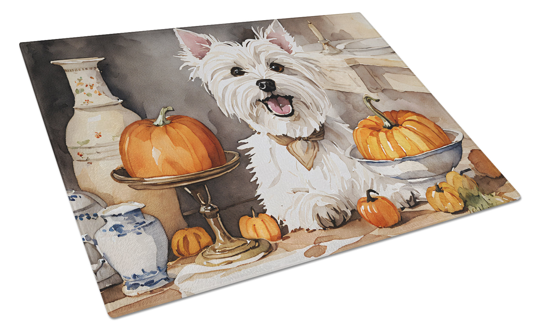 Buy this Westie Fall Kitchen Pumpkins Glass Cutting Board