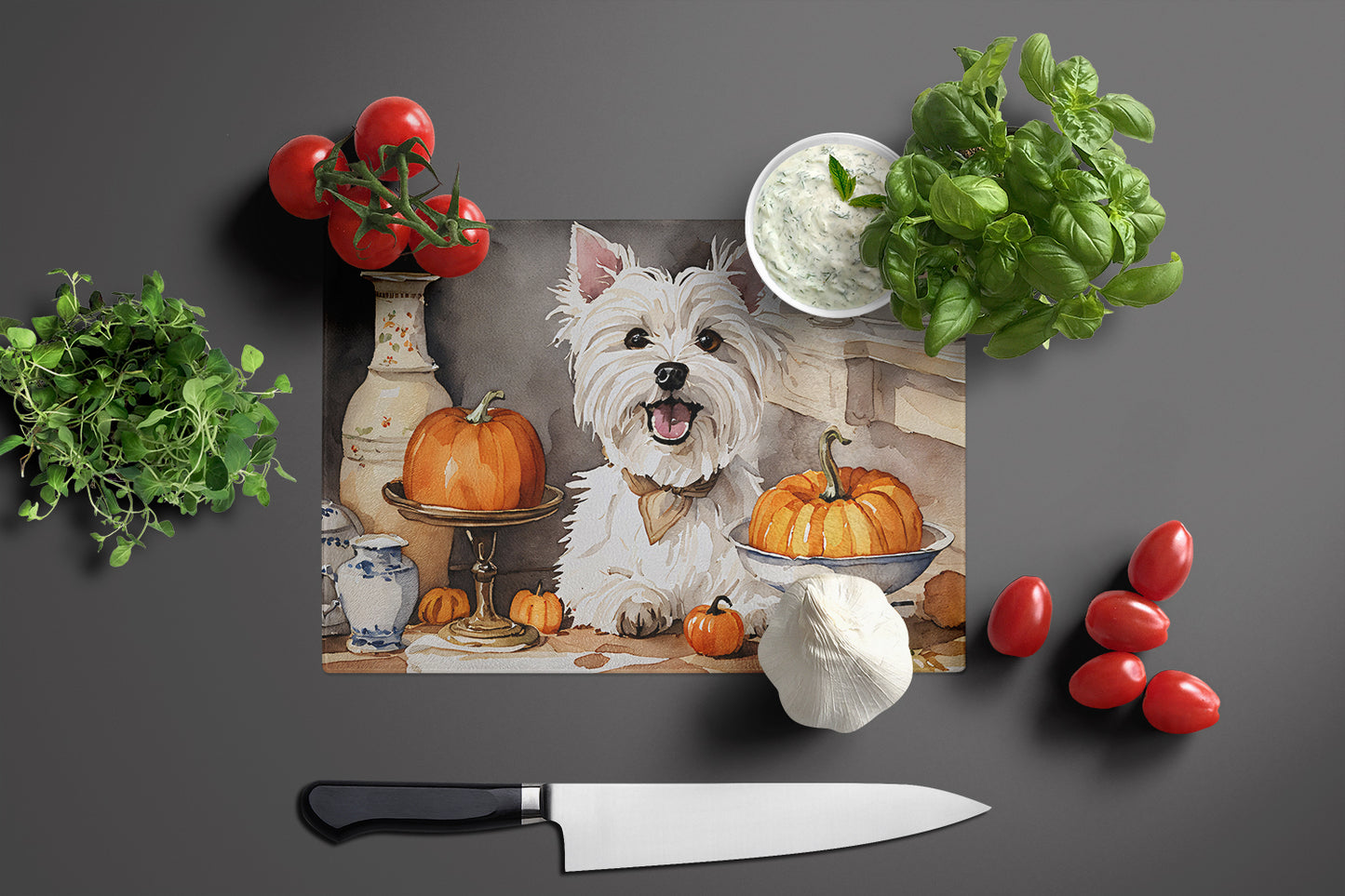 Westie Fall Kitchen Pumpkins Glass Cutting Board