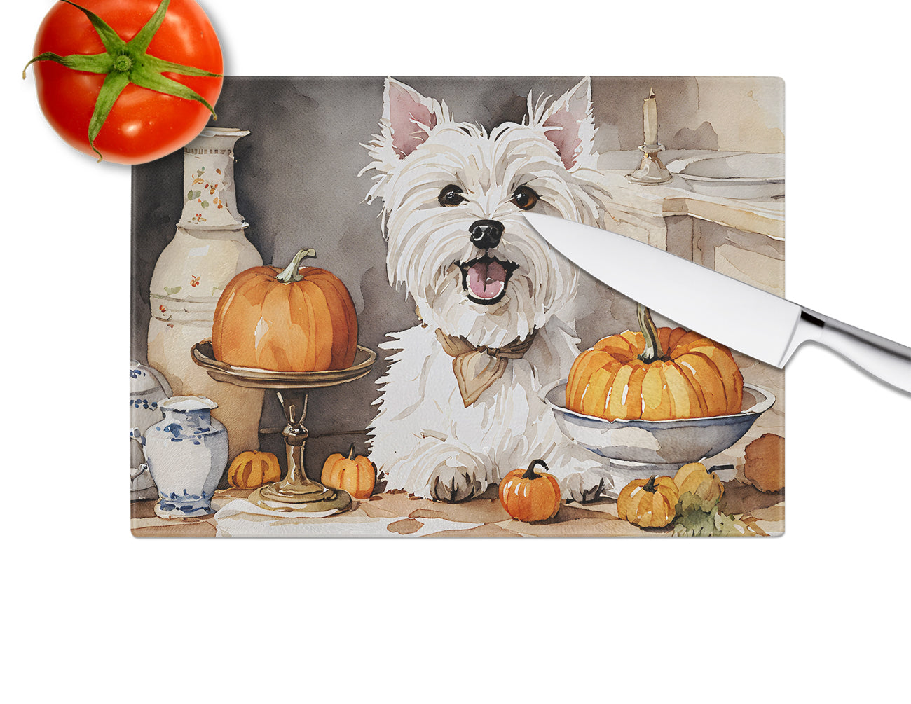 Westie Fall Kitchen Pumpkins Glass Cutting Board