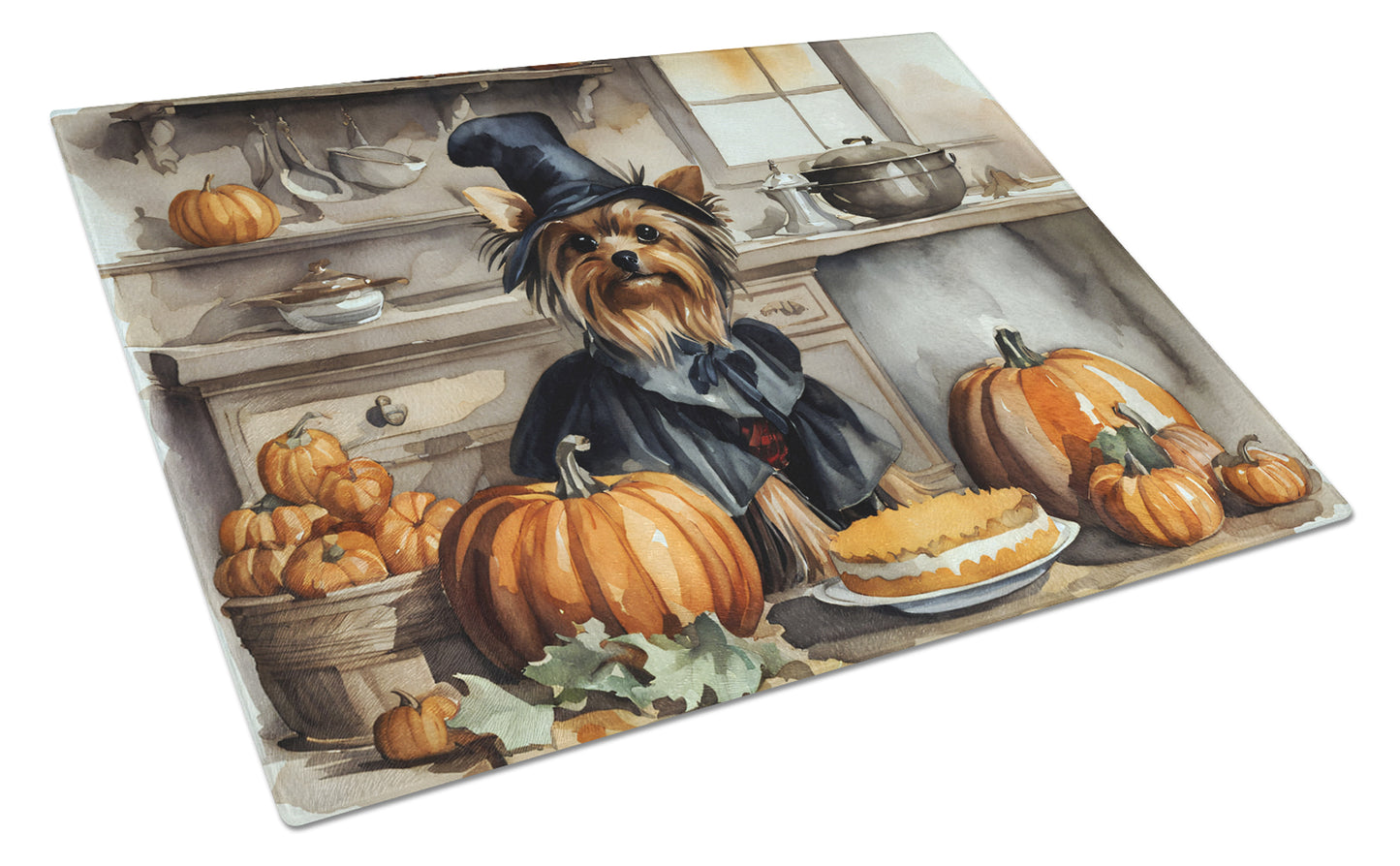 Buy this Yorkie Fall Kitchen Pumpkins Glass Cutting Board